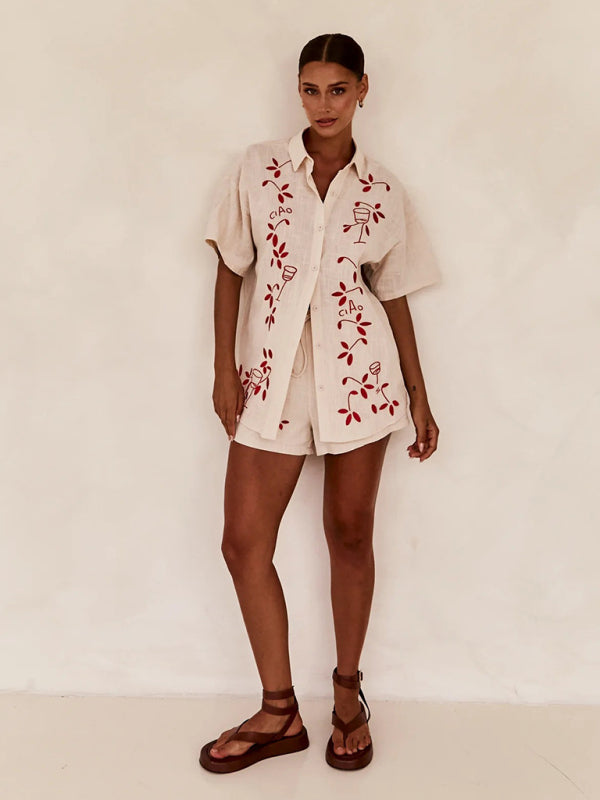 New 3D Embroidered Casual Shirt + Shorts Set