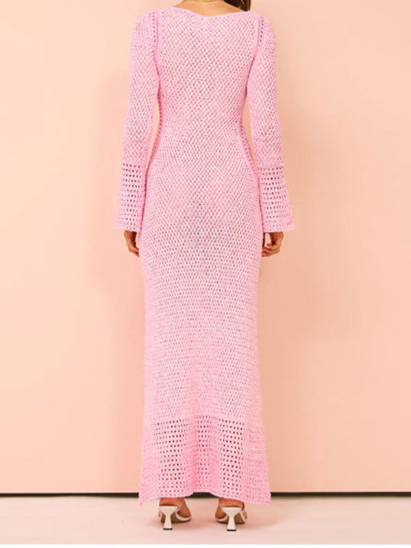 Elegant Pink Pullover Knitted Maxi Dress