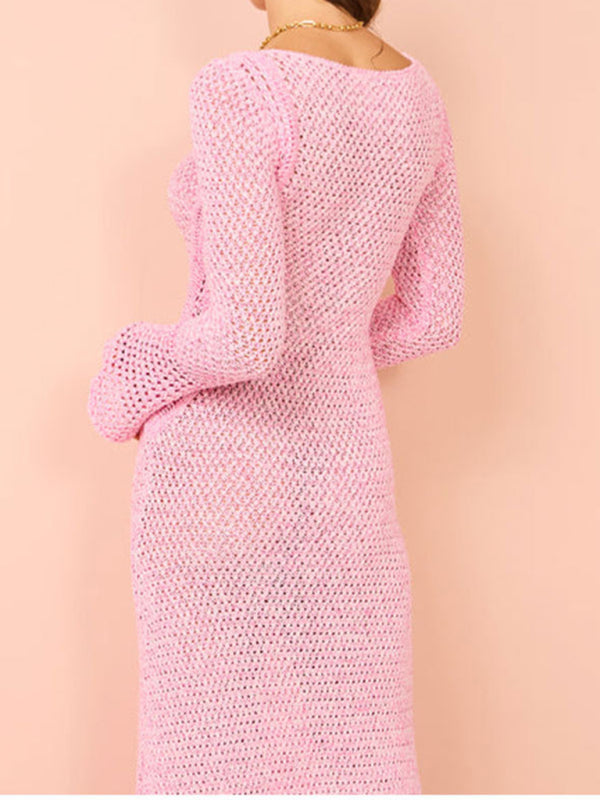 Elegant Pink Pullover Knitted Maxi Dress