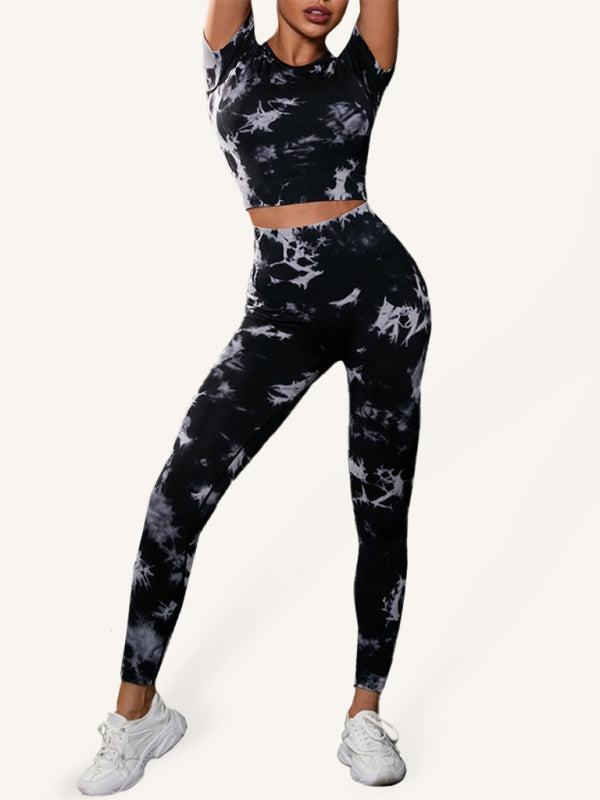 Women's seamless tie-dye sports yoga short-sleeved + trousers two-piece suit