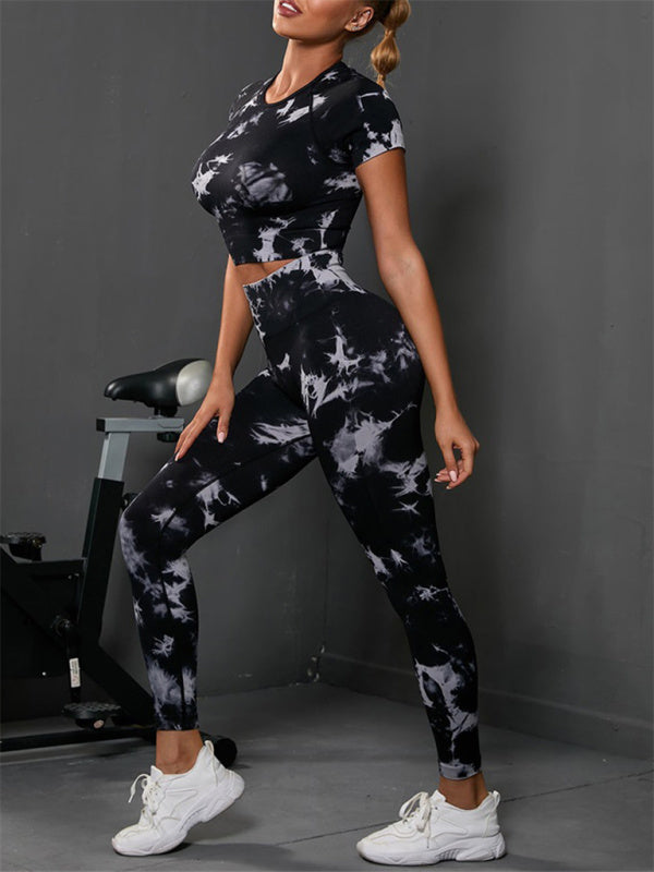 Women's seamless tie-dye sports yoga short-sleeved + trousers two-piece suit