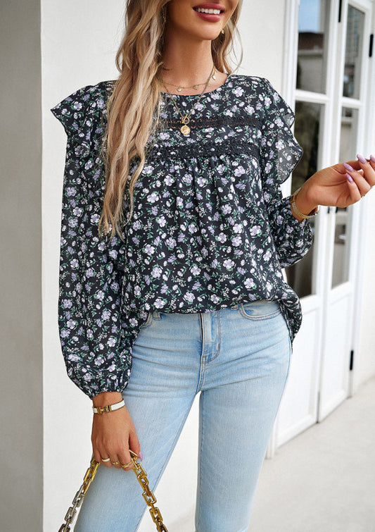 New women's round neck floral long-sleeved top