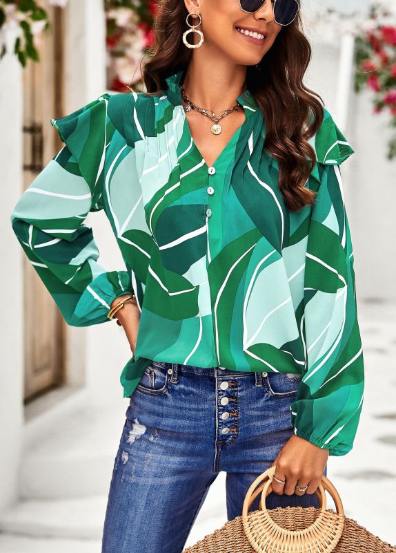 New temperament casual plant floral print long-sleeved shirt top