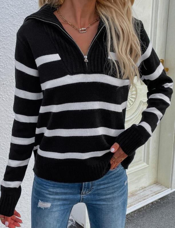 Women's Striped Loose Turtleneck Semi-Zip Sweater