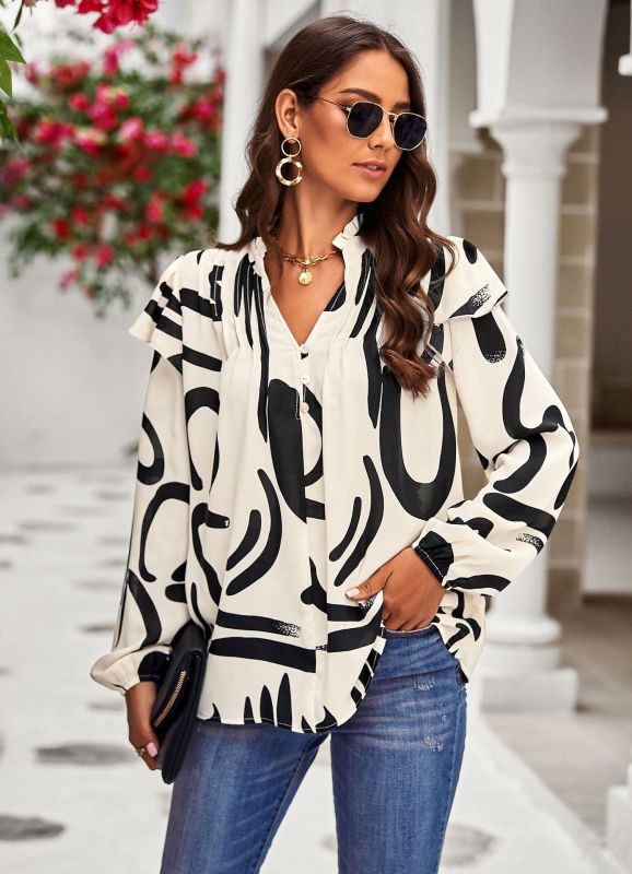 New temperament casual plant floral print long-sleeved shirt top